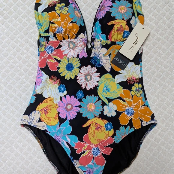 Profile By Gottex Floral One Piece Swimsuit - Black, Orange, Blue - Picture 5 of 9
